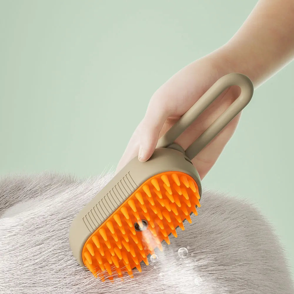 Rechargeable steam cat grooming brush by Showlu Fashion Store with self-cleaning, massage comb, and spray features for pets.