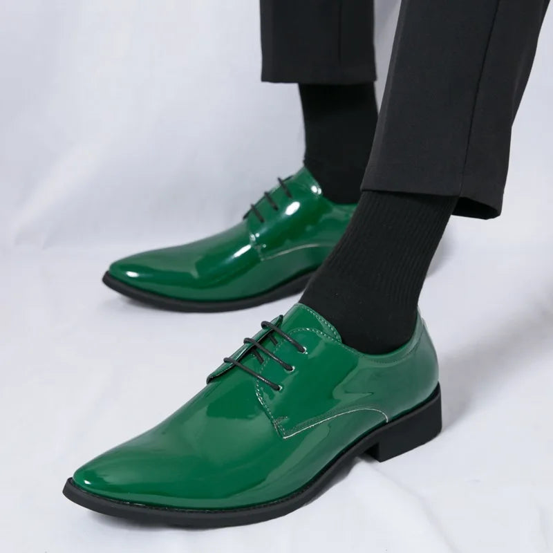 Men's patent leather derby shoes with pointed toes, stylish wedding party footwear by Showlu Fashion Store.