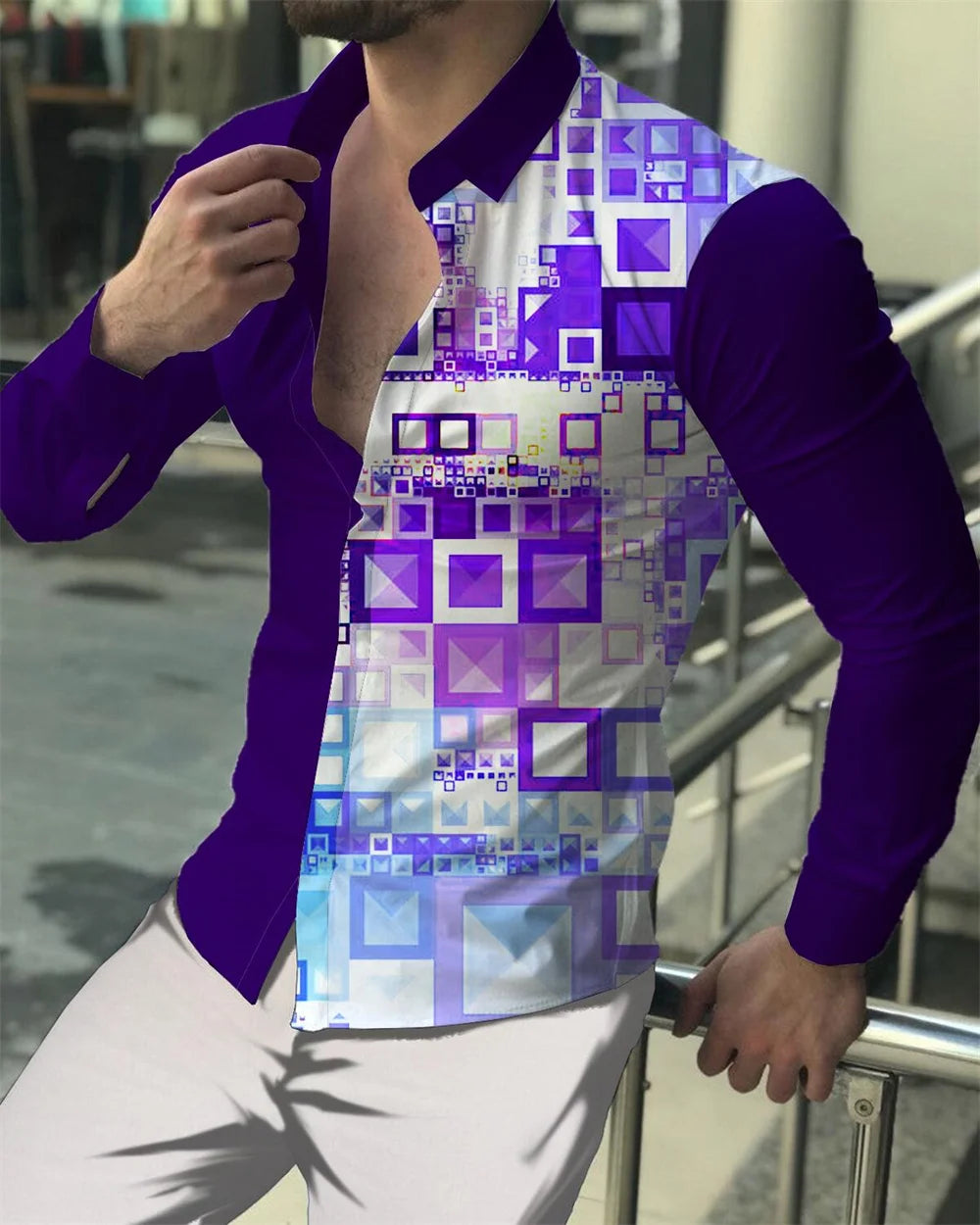 Men's casual long-sleeve button shirt with designer prints, lapel collar, perfect for spring fashion, from Showlu Fashion Store.
