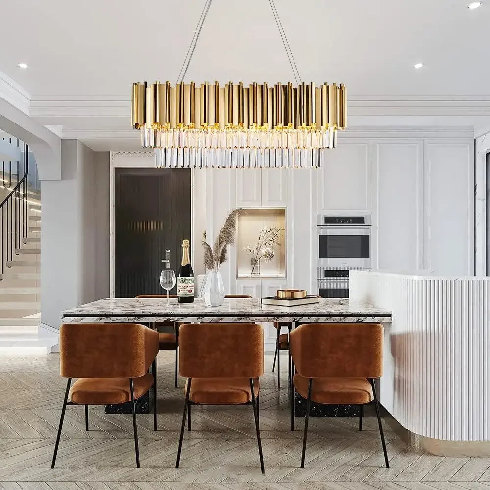Elegant gold crystal chandelier for dining and kitchen, oval pendant lighting fixture with luxurious crystal details.