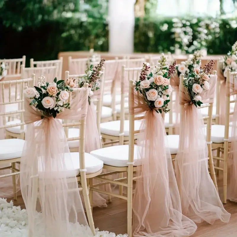 Set of 10 white gauze wedding chair sashes with bows, 200x75cm, for aisle decor and party chair covers.