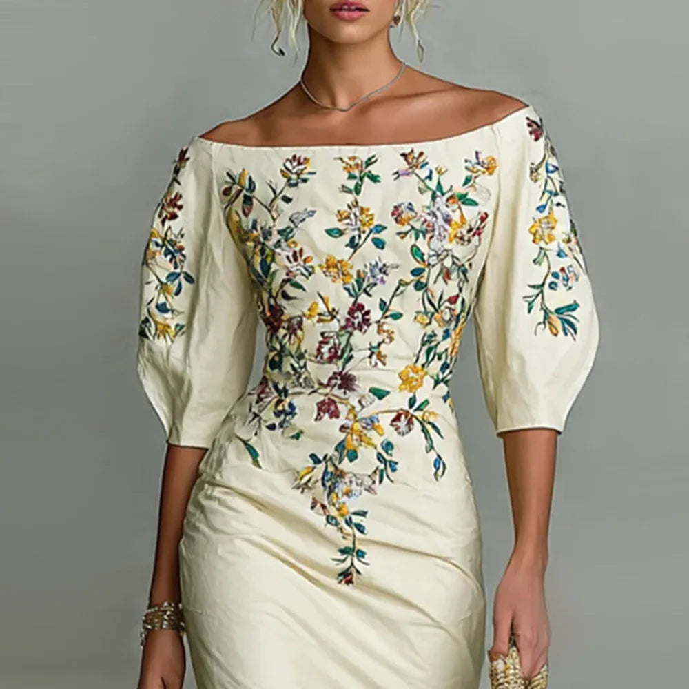 Women’s digital print one-shoulder lantern sleeve sheath dress by Showlu Fashion, featuring a stylish design and vibrant pattern.