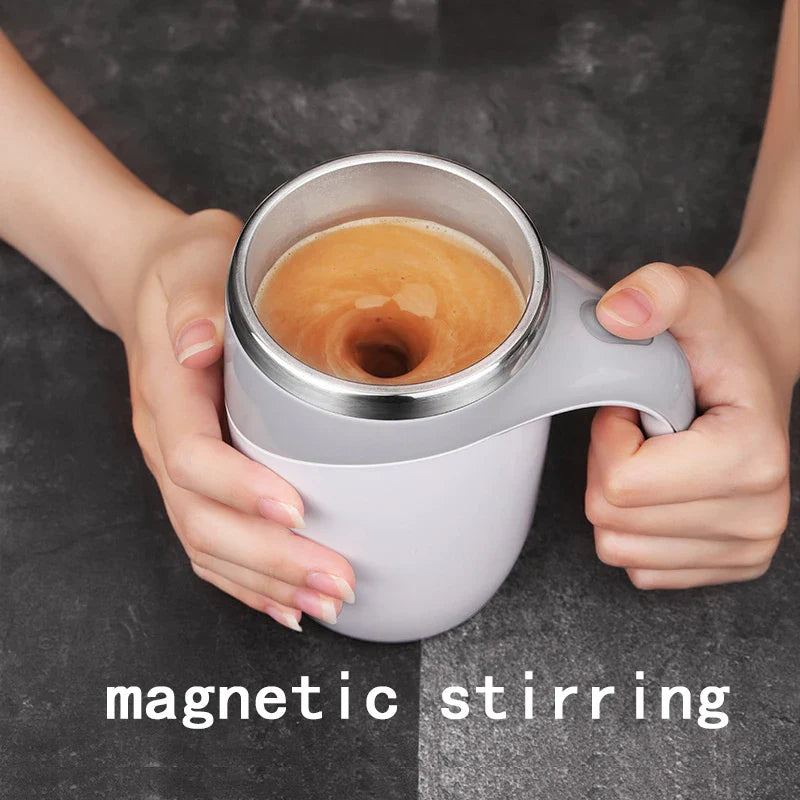 Stainless steel Showlu automatic self-stirring magnetic coffee mug with sleek design and built-in stirring mechanism.