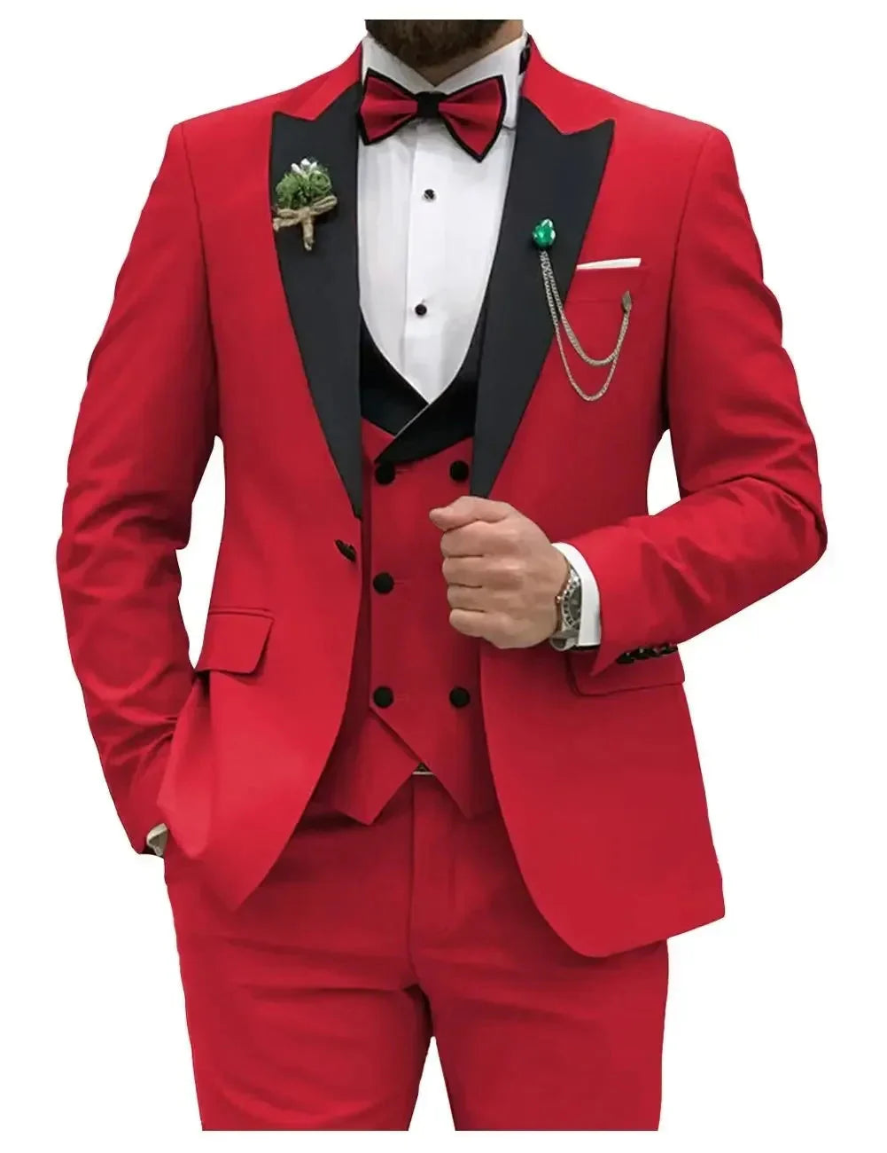 Men's slim fit 3-piece wedding tuxedo with peak lapel by Showlu Fashion, featuring a tailored suit jacket, vest, and trousers.