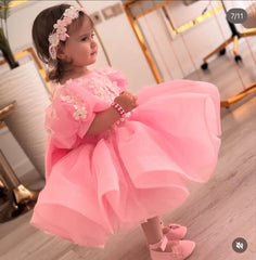 Pink Flower Girl Dress with Big Bow & Floral Details, First Communion & Wedding Party Gown for Toddlers فساتين اطفال