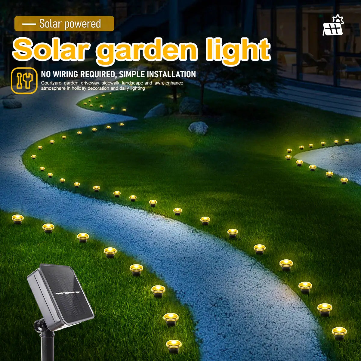 Solar LED garden pathway lights with 8 lighting modes, outdoor waterproof design, ideal for illuminating walkways and gardens.
