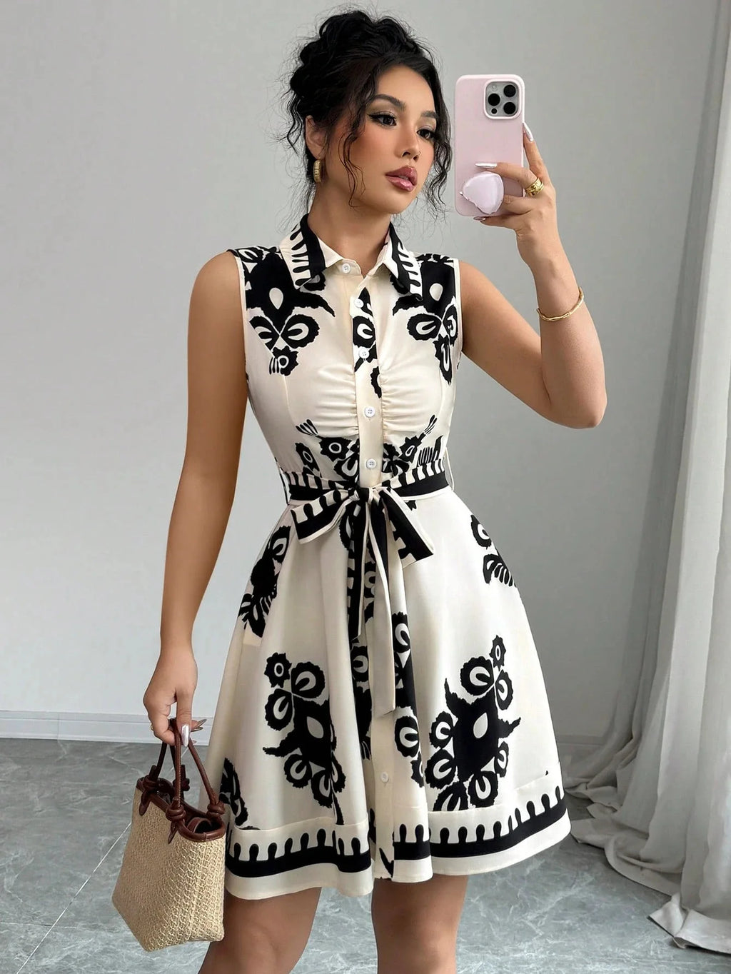 Summer New Fashion Casual Dress For Women Elegant Solid Sleeveless Turn-down Collar Lace Up Office Holiday Dresses Robe Femme