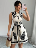 Summer New Fashion Casual Dress For Women Elegant Solid Sleeveless Turn-down Collar Lace Up Office Holiday Dresses Robe Femme