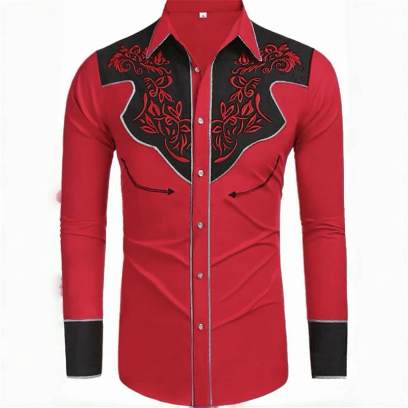 Showlu Fashion men's long-sleeved retro western denim shirt in a big size, loose fit, casual style with soft fabric.