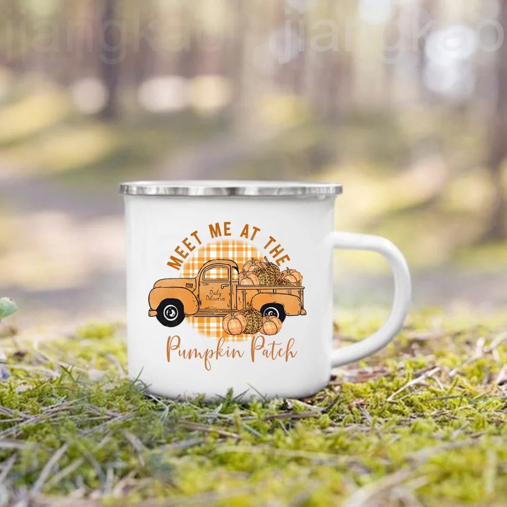 Showlu Pumpkin Spice Jesus Christ enamel mug with fall-themed design, perfect for camping coffee lovers.