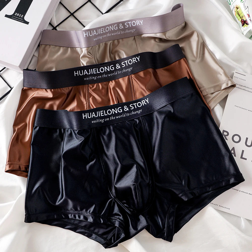 Showlu men's ice silk boxer shorts in a 3-pack, breathable mesh underwear with lightweight, comfortable fit.