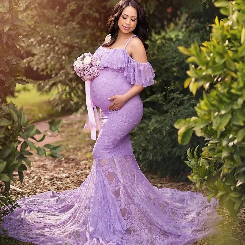 SHOWLU Maternity lace flysleeve chiffon dress, elegant and flowing for photo shoots, featuring delicate lace details and lightweight fabric.