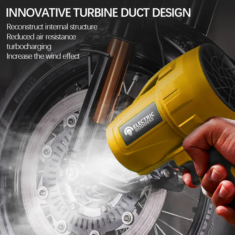 Electric Goddess 1500W brushless jet fan blower compatible with Dewalt 20V battery, shown with black and orange design and variable nozzle