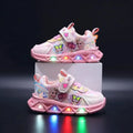 Pink PU leather Disney Frozen Elsa girls LED lighted sneakers with decorative Elsa design and glowing lights.