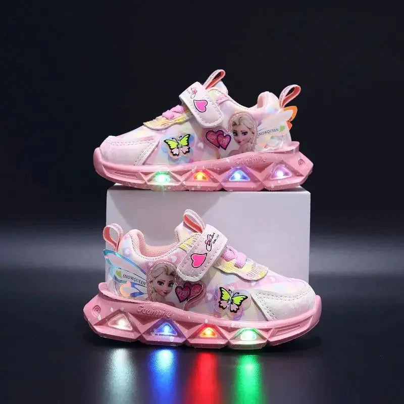 Pink PU leather Disney Frozen Elsa girls LED lighted sneakers with decorative Elsa design and glowing lights.