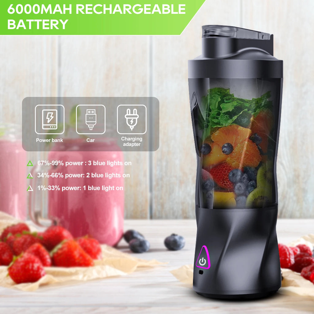Showlu Smart Portable Electric Juicer Blender with 700ml capacity and 360W motor, shown with fresh fruit and blending in progress