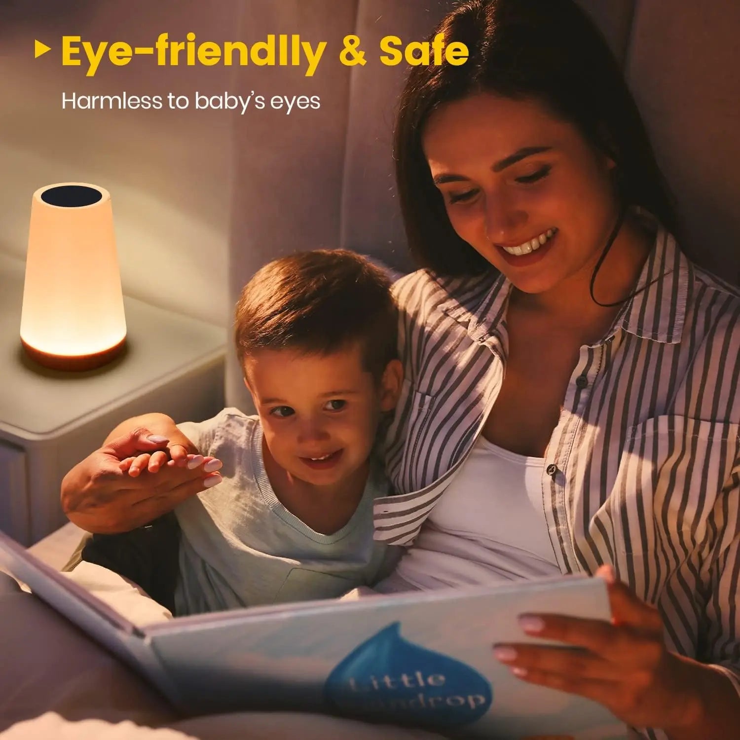 Showlu Smart General RGB Touch Remote Night Light showing colorful LED illumination and touch controls in a cozy bedroom setting.