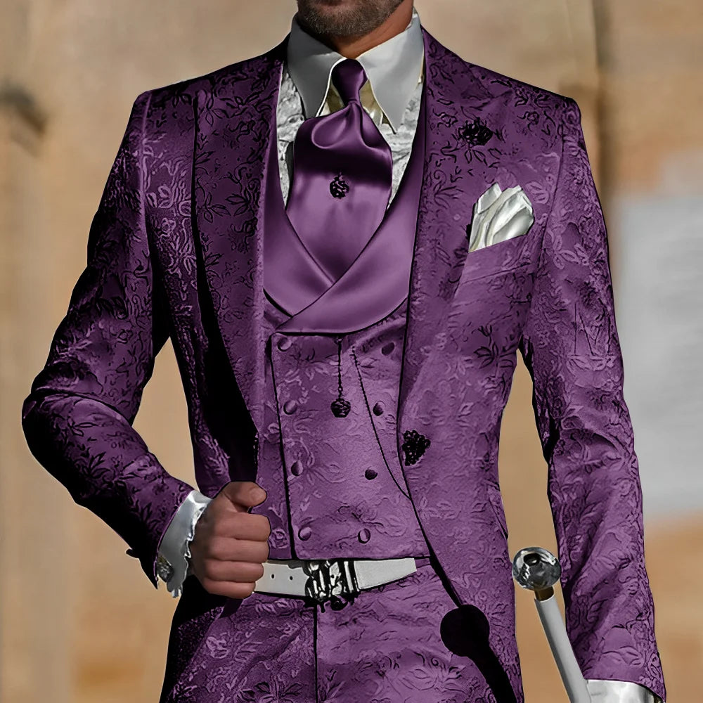 Jacquard men's 3-piece suit from Showlu Fashion, featuring a formal tuxedo jacket, pants, and vest for groom or party occasions