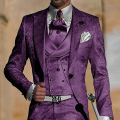 Jacquard men's 3-piece suit from Showlu Fashion, featuring a formal tuxedo jacket, pants, and vest for groom or party occasions