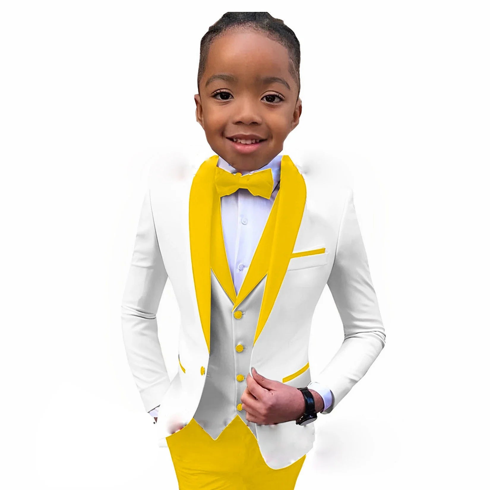 White boys' tuxedo suit with royal blue collar, 3-piece formal wedding and party outfit for children aged 2-16 years.