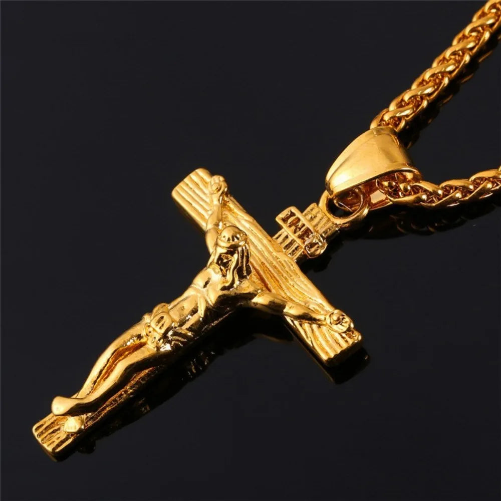 Men's personalized religious Jesus cross necklace in gold, stylish pendant jewelry with Christian symbol design.
