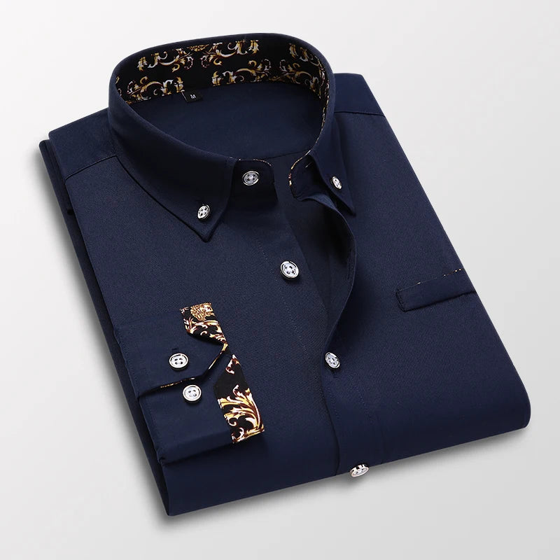 Men's white casual long sleeve cotton dress shirt by Showlu Fashion, suitable for business or social occasions.