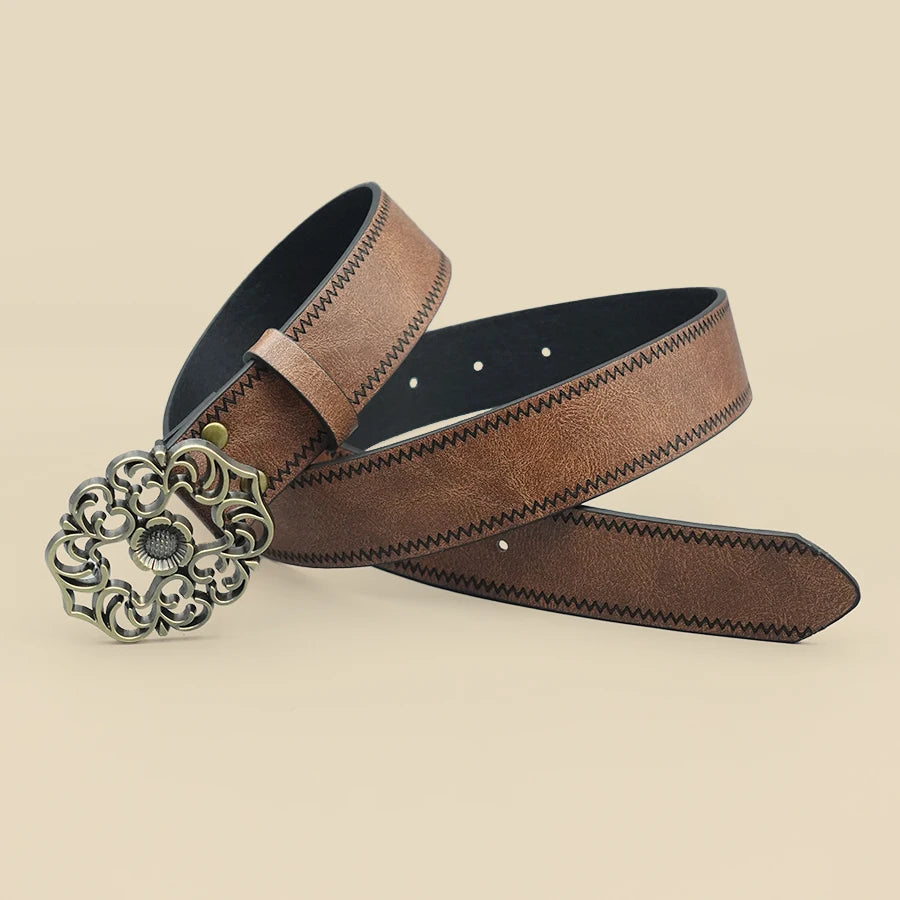 Retro Western denim style women's belt with printed design and decorative accents, showcasing a fashionable casual accessory.