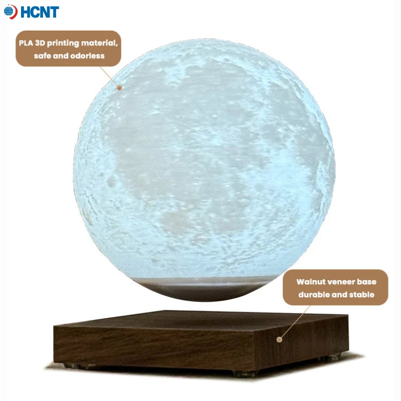 Magnetic levitating moon lamp by Showlu Smart General floating above a base with a glowing, realistic moon design.