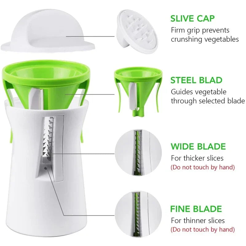 Stainless steel vegetable spiralizer with 3 blades from Showlu Smart General, showcasing the slicer with spiralized vegetables.