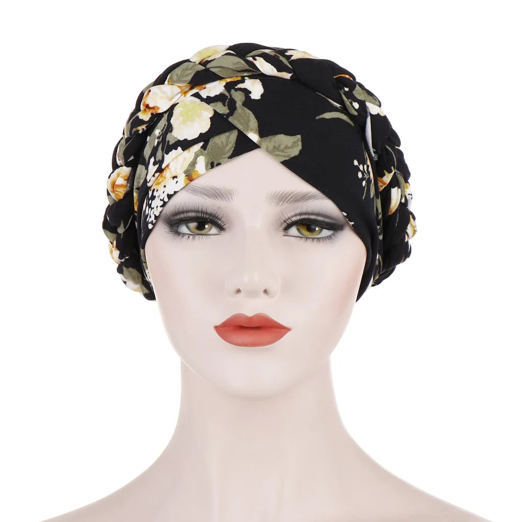 European and American print leopard hair milk silk scarf hat with flower accents, short braid style, suitable for women hijab and Muslim fashion.