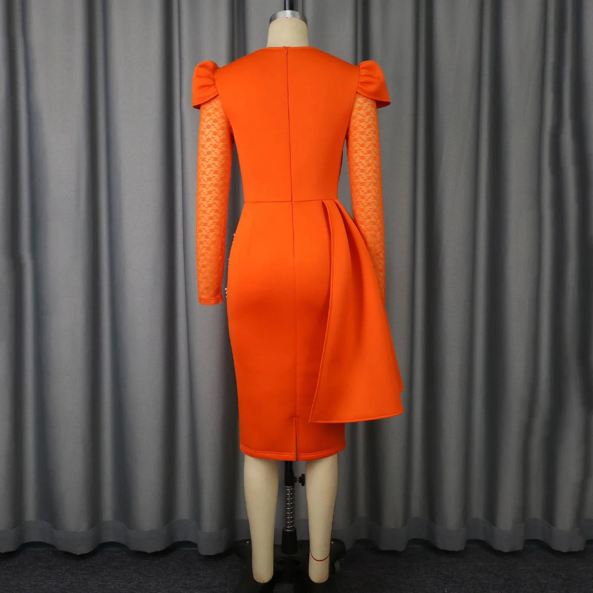 Orange lace patchwork beaded sheath dress by SHOWLU FASHION STORE, elegant mid-calf length, detailed lace and beaded embellishments.