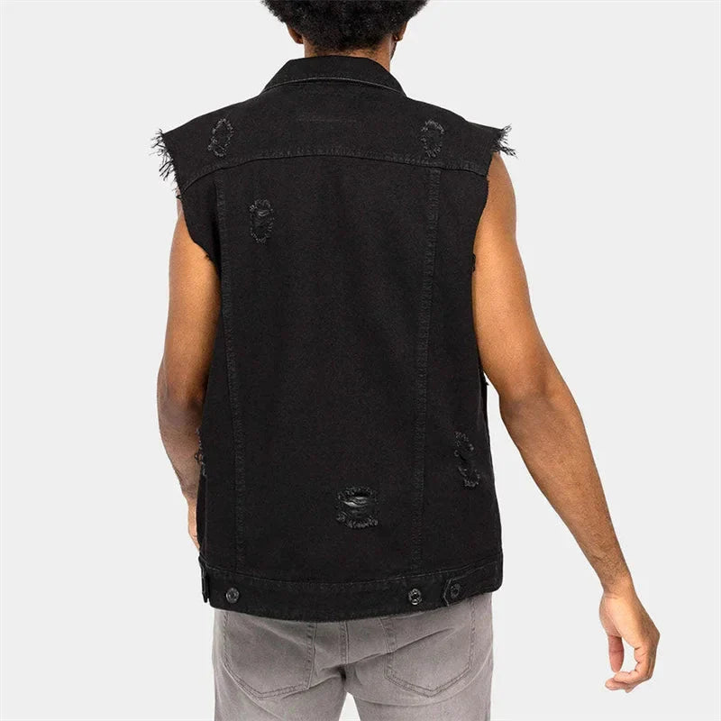 Soniaox men's denim vest in western cowboy style with raw cut edge design, shown on a mannequin.