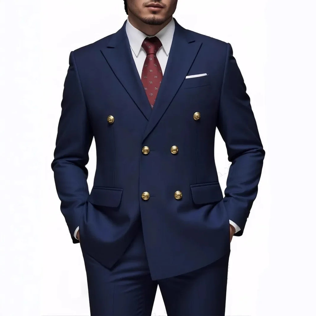 Black men's double-breasted slim fit suit with gold buttons, high-quality wedding and party costume, tailored for a stylish look