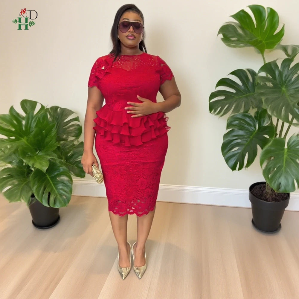 African women's dress by Showlu Fashion, casual Ankara vestidos with falbala details, suitable for summer, office, or wedding parties.