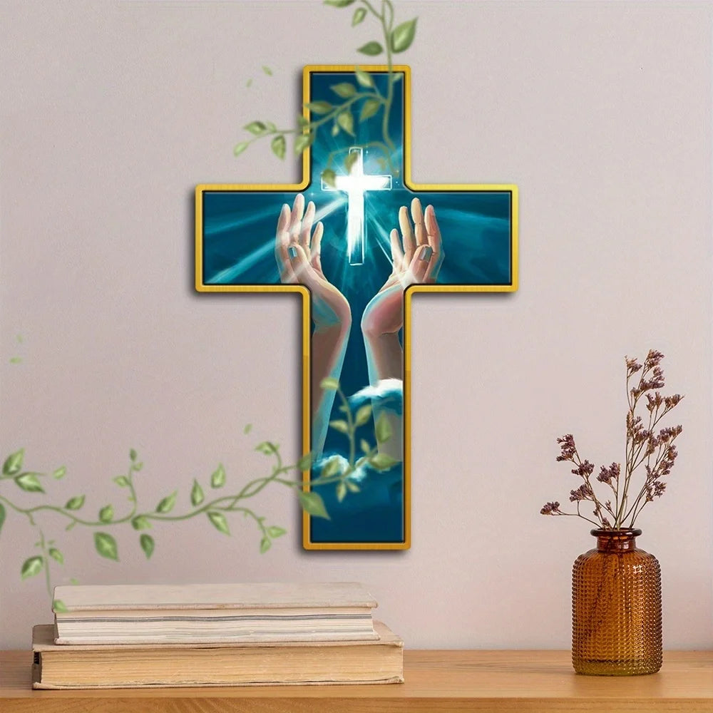 Rustic green wooden crucifix wall hanging cross by Showlu, 12-inch farmhouse-style religious decor for wall display.
