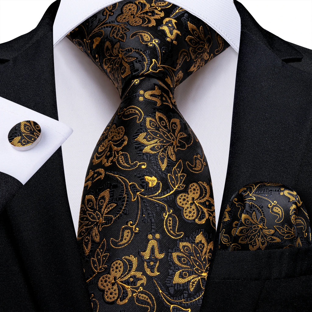 Gift Men Tie Luxury Gold Black Striped Paisley Silk Wedding Tie For Men DiBanGu Designer Hanky Cufflinks Fashion Tie Set