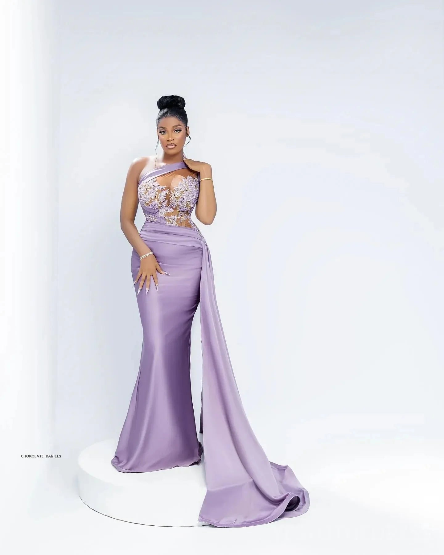 Lavender one-shoulder mermaid evening gown with beaded lace design by SHOWLU FASHION STORE. Stylish formal dress for special occasions.