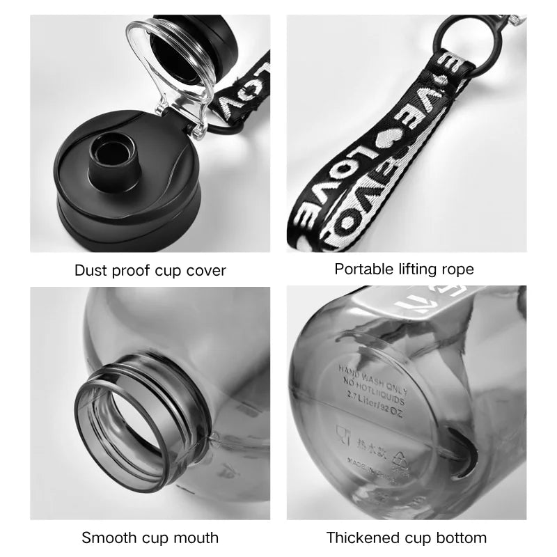 1.7/2.7L Large Capacity Sports Water Bottle Plastic Drinking Bottles with Time Scale Outdoor Camping Hiking Gym Men Water Kettle