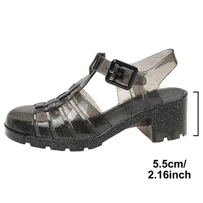Transparent high heel sandals for women with sequins, thick heels, closed toes, perfect for summer and beach wear.