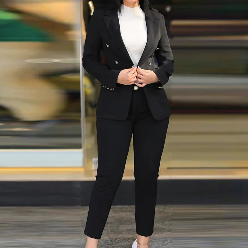 Navel Orange women's slim fit pant suit by SHOWLU FASHION STORE, featuring a solid cardigan and pencil pants, styled for professional wear.
