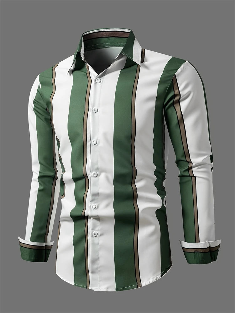 Men's long sleeve button-down shirt with square stripe 3D print, autumn casual animal pattern, lapel style by Showlu Fashion Store.