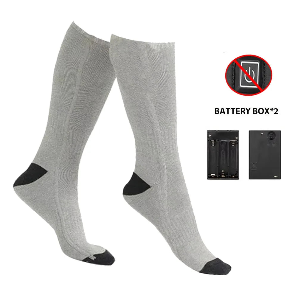 Rechargeable electric heated socks from Showlu Smart General, showing the warm, insulated winter socks with control features.