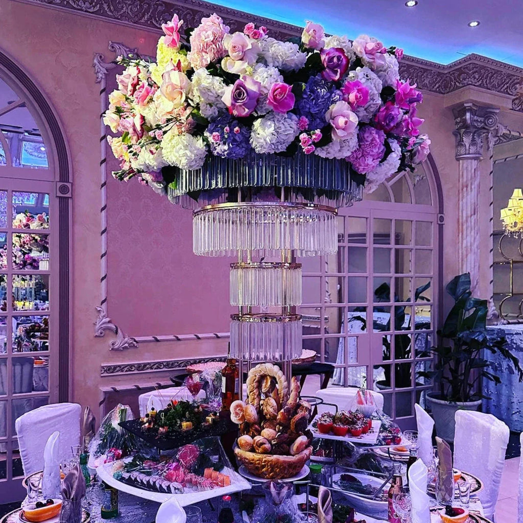 Tall gold crystal wedding centerpiece on a 4-layer metal stand, featuring elegant crystal accents for special event decor