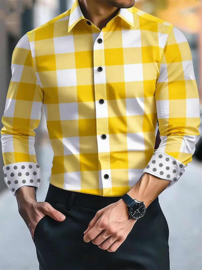 Yellow checkered slim fit silk bamboo long sleeve shirt for men by Showlu Fashion Store, shown with a close-up of the fabric and collar.