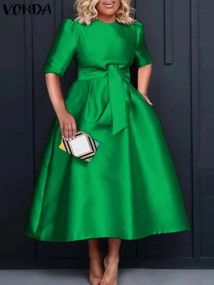 VONDA women's satin midi dress with short sleeves and belt, elegant design, shown on a mannequin with a neutral background.