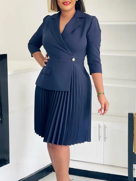 2025 autumn new fashion light mature temperament high quality suit collar A-line skirt solid color pleated dress