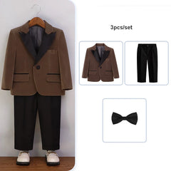 Autumn Boys Red Velvet Suit Set Children Birthday Party Wedding Host Piano Performance Costume Kids Blazer Pants Bowtie Outfit