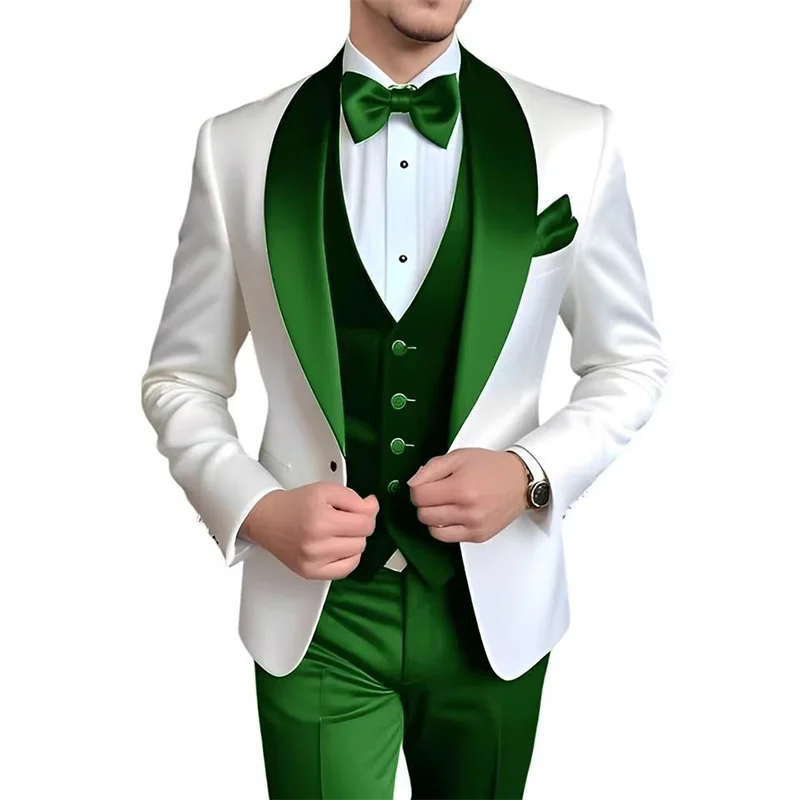 Men's three-piece blue and white tuxedo suit with elegant design, perfect for weddings, banquets, and formal events.
