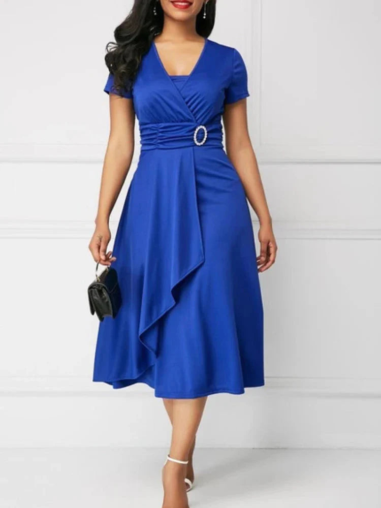 Ehuanhood Women's V-Neck Chiffon Midi Dress in solid color, A-line silhouette, suitable for parties, by SHOWLU FASHION STORE.