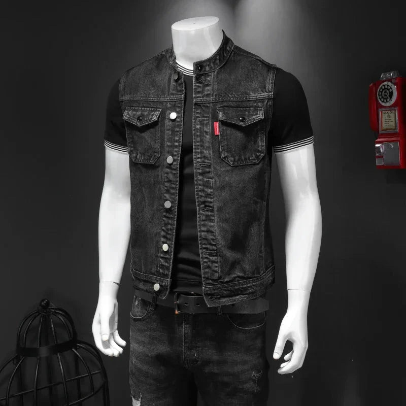 Black denim vest for men by SHOWLU FASHION STORE, casual cotton blend waistcoat with stand collar, stylish men's outerwear.